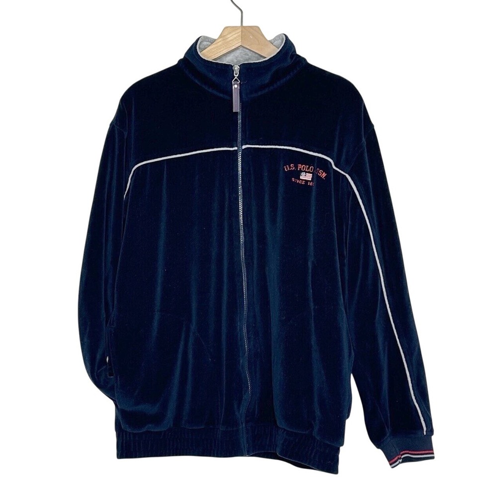 Y2K U.S. Polo Assn. Track Jacket M Navy Blue Velour Full Zip Embroidered Logo